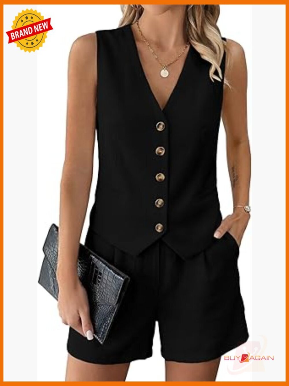 Women's 2 Piece Short Set Button Down Vest Top and Shorts with Pockets Summer